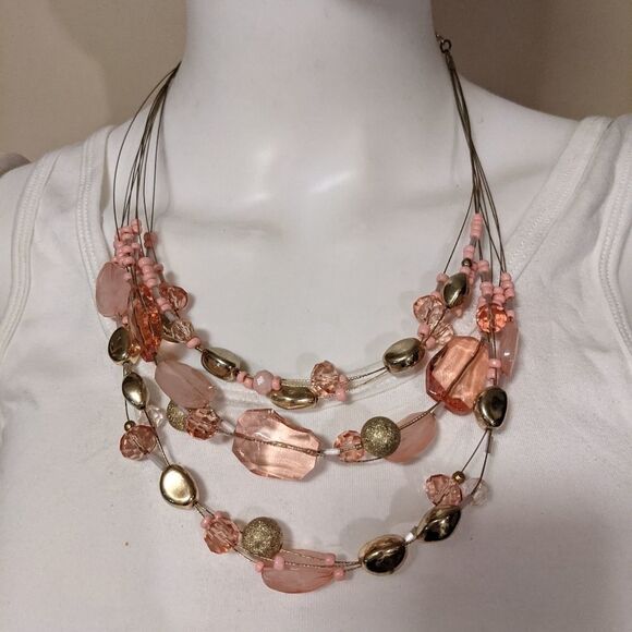 Vintage pink & silver wire multi layer necklace - Picture 3 of 4